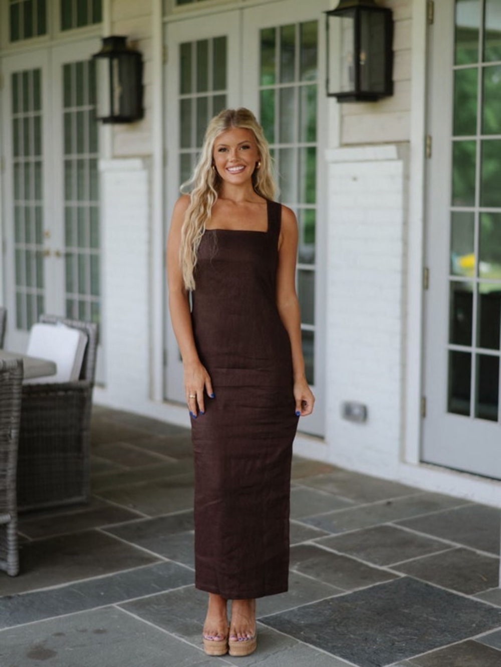 Sleeveless Square-Neck Maxi Dress in Chocolate Brown